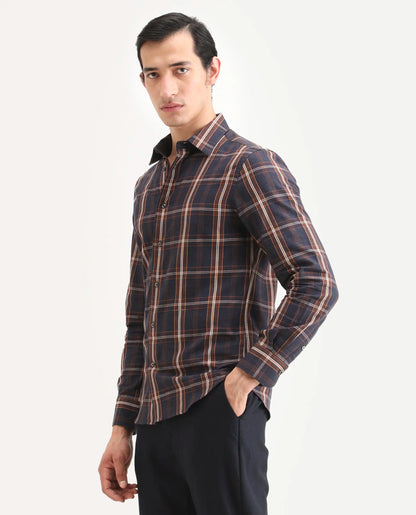 Rare Rabbit Men's Dor-S26 Navy Cotton Fabric Full Sleeve Spread Collar Regular Fit Checked Shirt | Rare Rabbit at Broadway