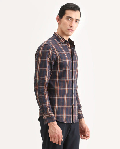 Rare Rabbit Men's Dor-S26 Navy Cotton Fabric Full Sleeve Spread Collar Regular Fit Checked Shirt | Rare Rabbit at Broadway