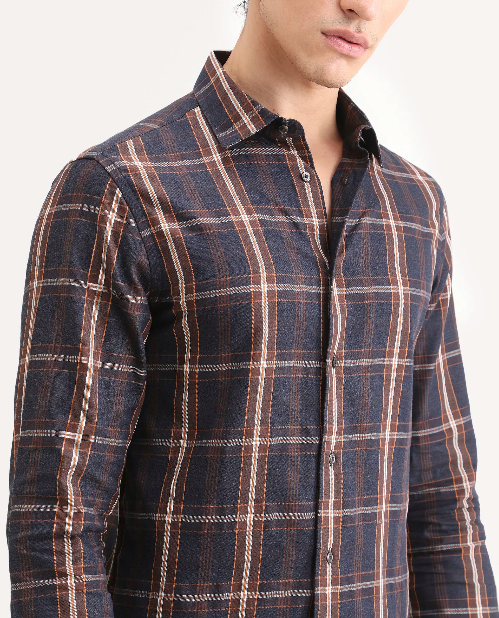 Rare Rabbit Men's Dor-S26 Navy Cotton Fabric Full Sleeve Spread Collar Regular Fit Checked Shirt | Rare Rabbit at Broadway