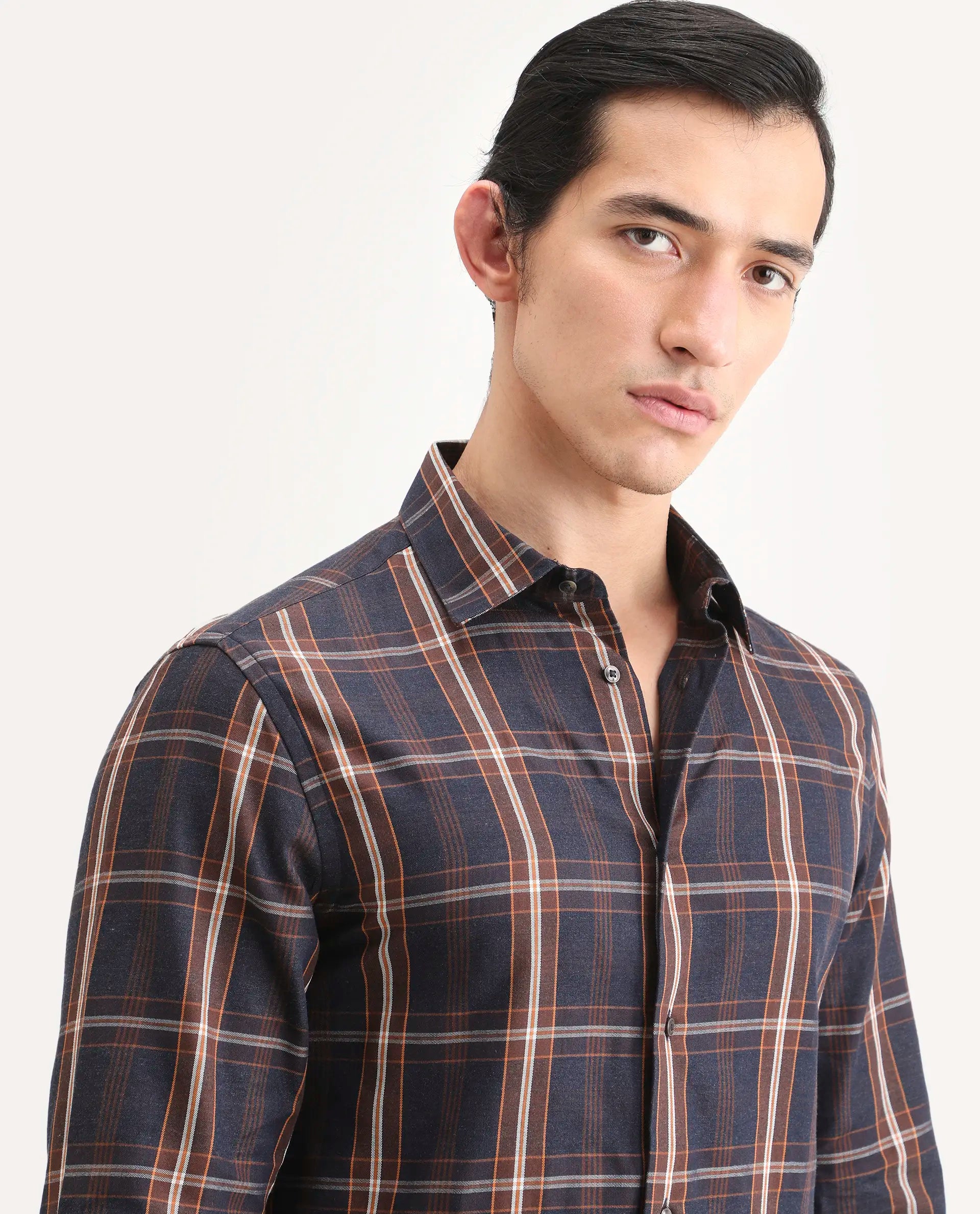 Rare Rabbit Men's Dor-S26 Navy Cotton Fabric Full Sleeve Spread Collar Regular Fit Checked Shirt | Rare Rabbit at Broadway