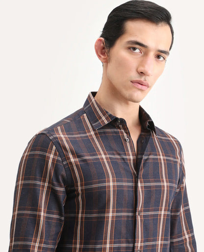 Rare Rabbit Men's Dor-S26 Navy Cotton Fabric Full Sleeve Spread Collar Regular Fit Checked Shirt | Rare Rabbit at Broadway