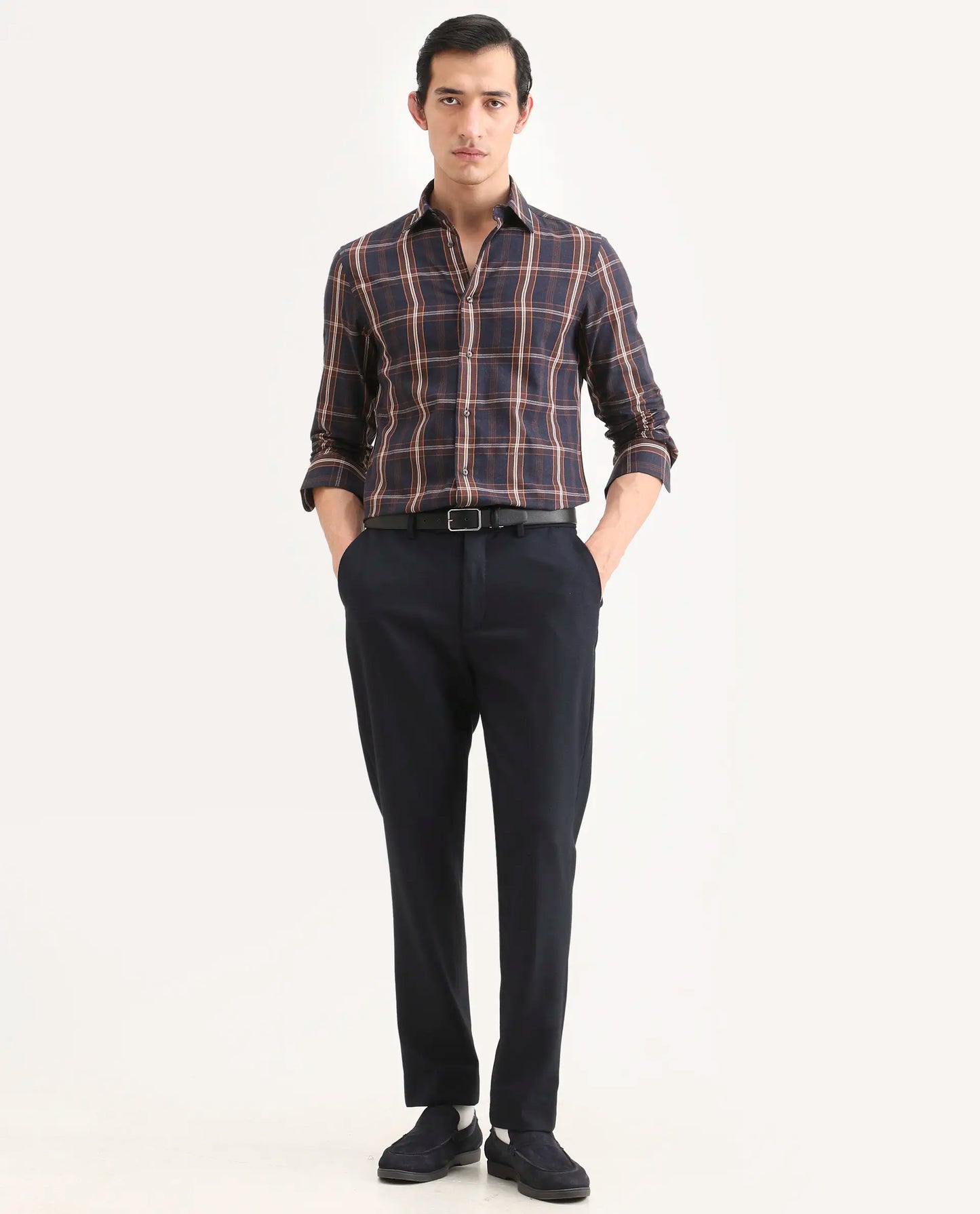 Rare Rabbit Men's Dor-S26 Navy Cotton Fabric Full Sleeve Spread Collar Regular Fit Checked Shirt | Rare Rabbit at Broadway