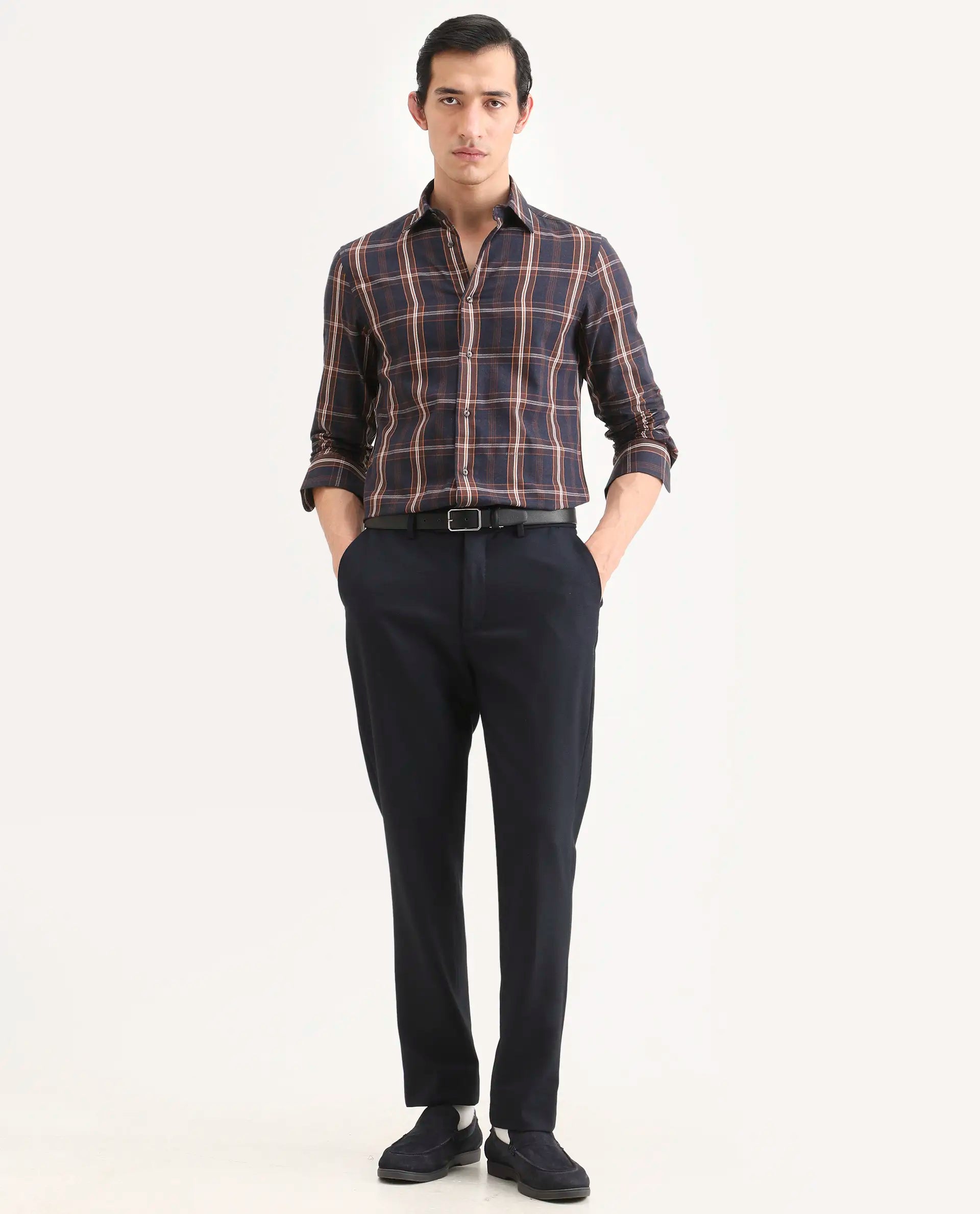 Rare Rabbit Men's Dor-S26 Navy Cotton Fabric Full Sleeve Spread Collar Regular Fit Checked Shirt | Rare Rabbit at Broadway