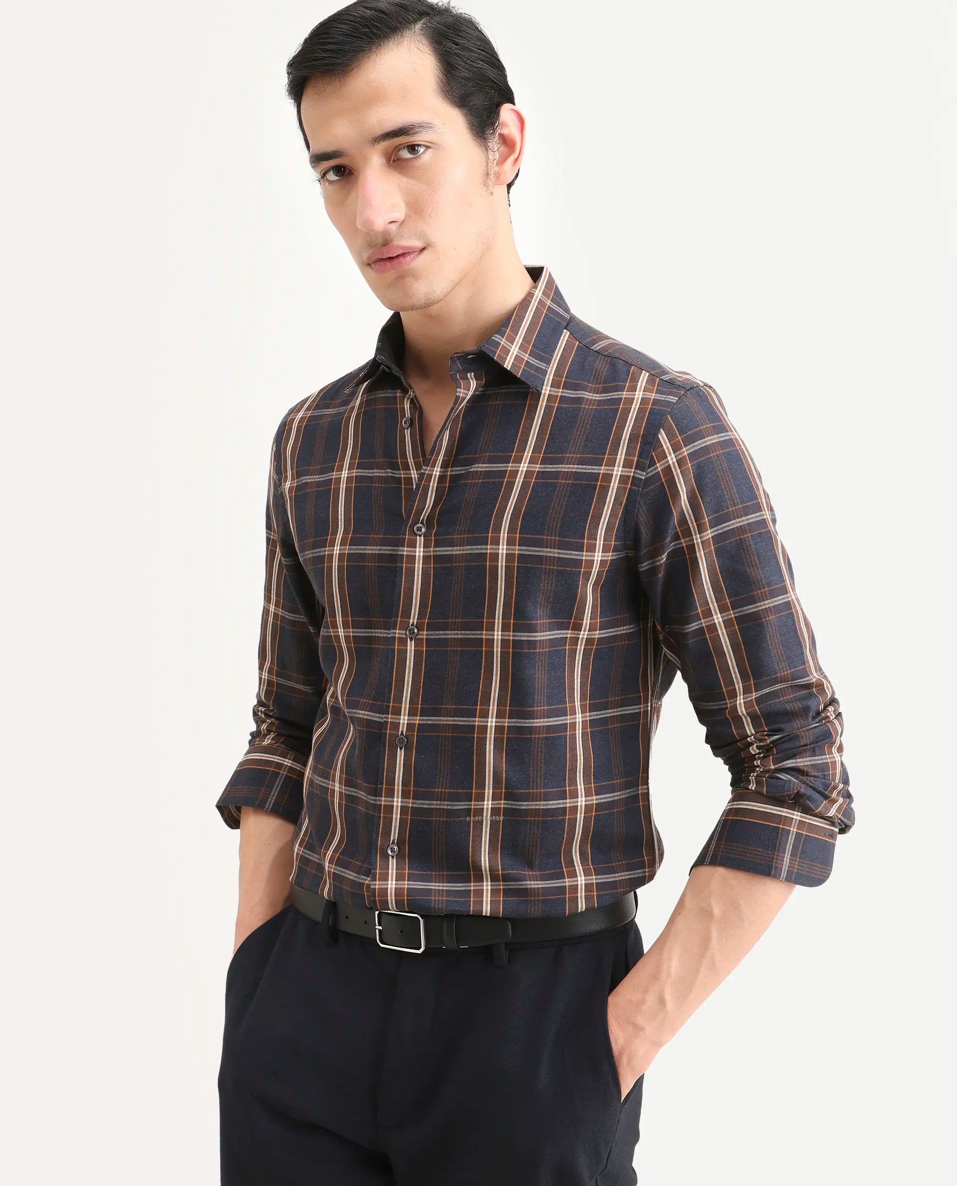 Rare Rabbit Men's Dor-S26 Navy Cotton Fabric Full Sleeve Spread Collar Regular Fit Checked Shirt | Rare Rabbit at Broadway