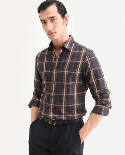 Rare Rabbit Men's Dor-S26 Navy Cotton Fabric Full Sleeve Spread Collar Regular Fit Checked Shirt | Rare Rabbit at Broadway