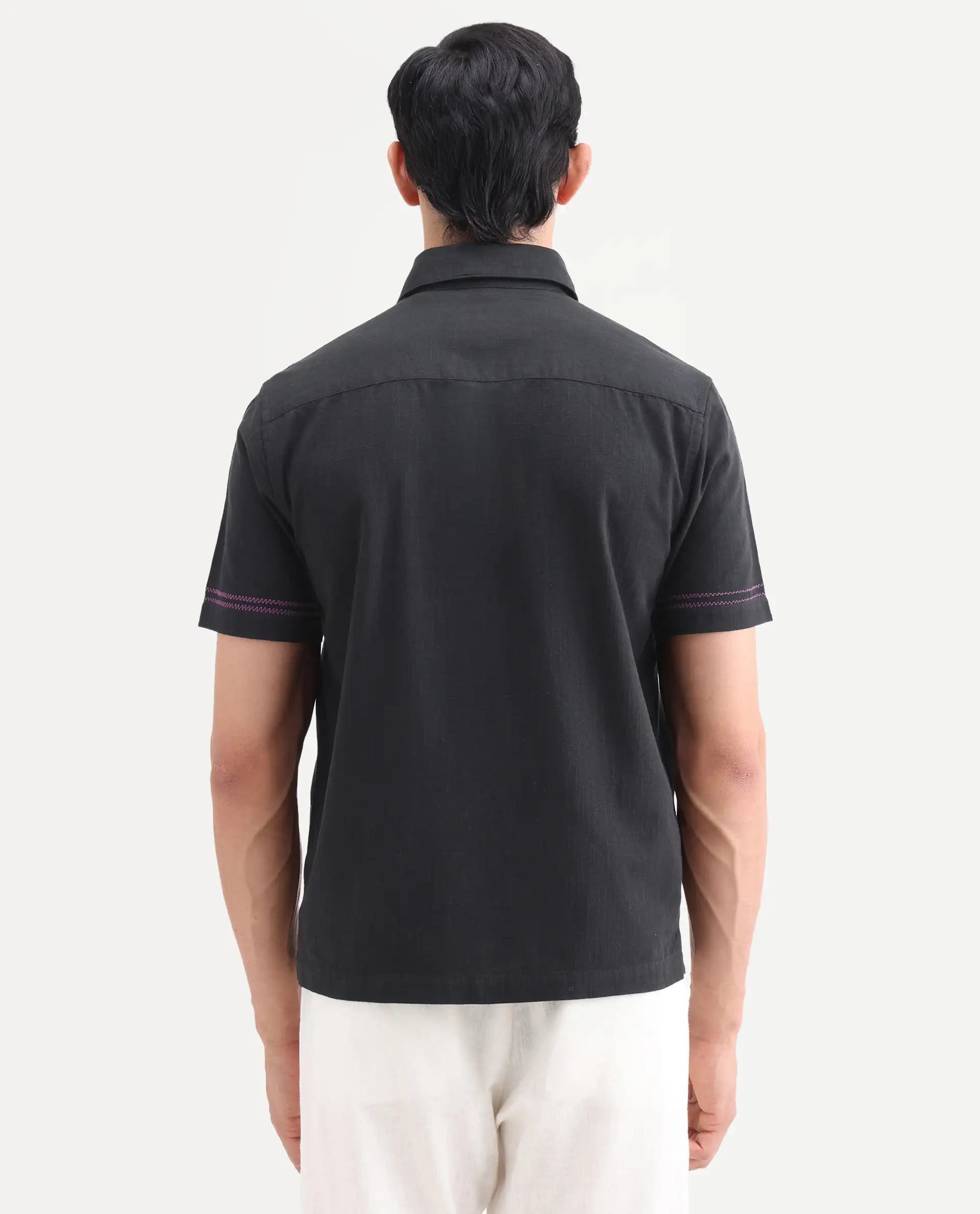 Rare Rabbit Men's Dran Black Cotton Blend Fabric Half Sleeve Spread Collar Regular Fit Embroidered Shirt | Rare Rabbit at Broadway