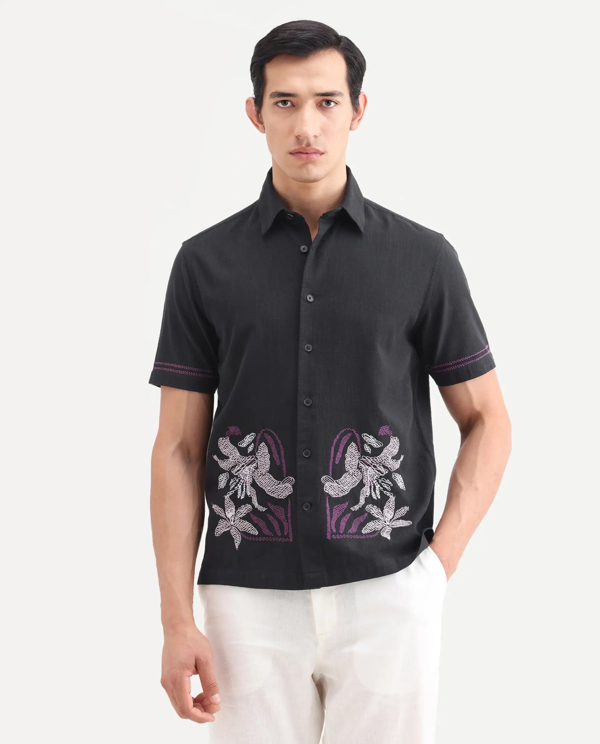 Rare Rabbit Men's Dran Black Cotton Blend Fabric Half Sleeve Spread Collar Regular Fit Embroidered Shirt | Rare Rabbit at Broadway
