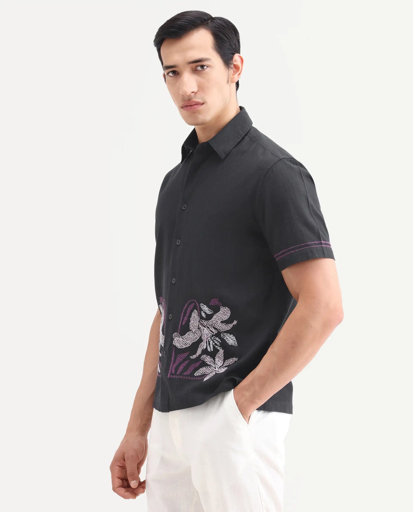 Rare Rabbit Men's Dran Black Cotton Blend Fabric Half Sleeve Spread Collar Regular Fit Embroidered Shirt | Rare Rabbit at Broadway