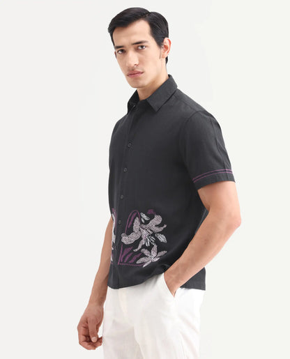 Rare Rabbit Men's Dran Black Cotton Blend Fabric Half Sleeve Spread Collar Regular Fit Embroidered Shirt | Rare Rabbit at Broadway