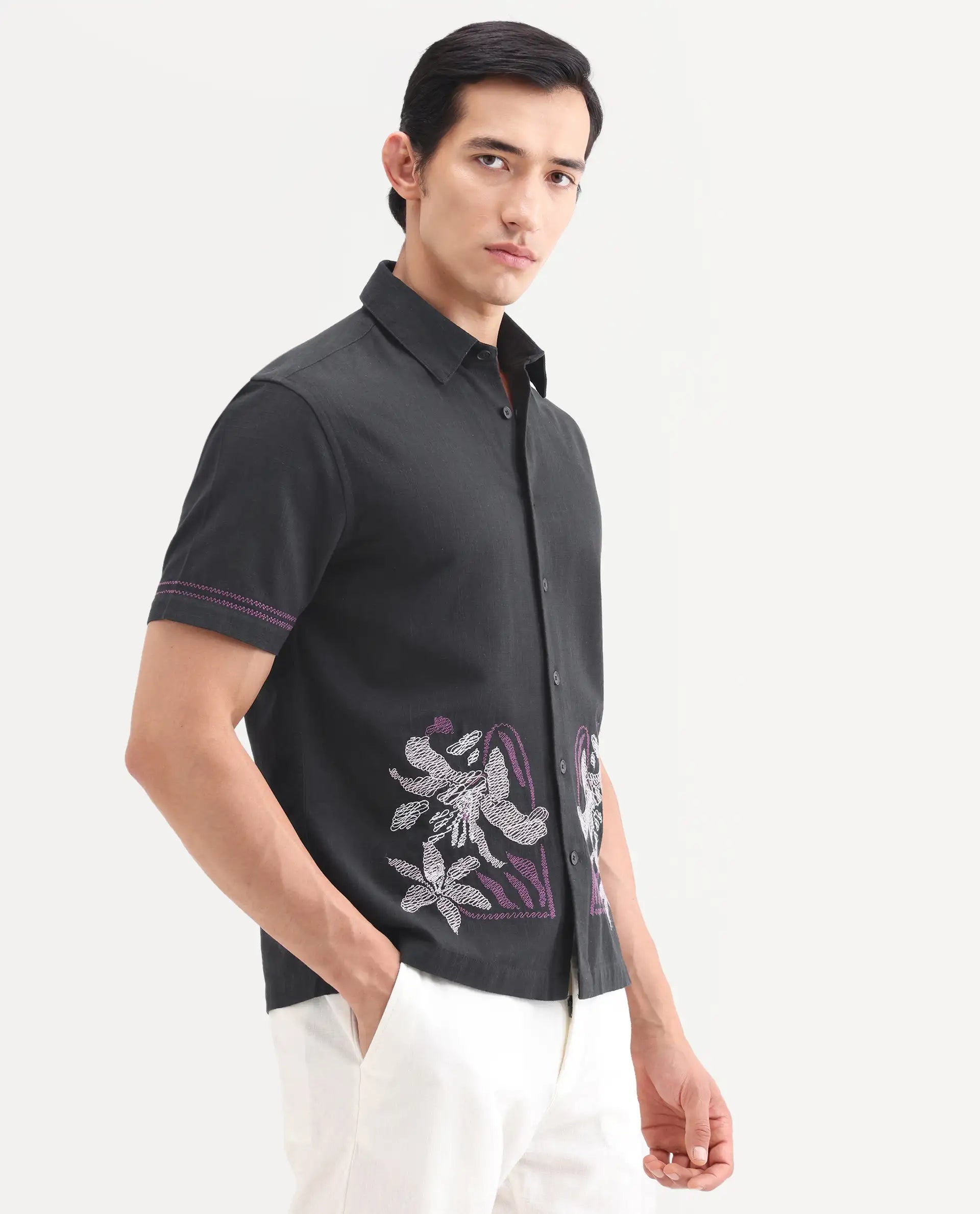Rare Rabbit Men's Dran Black Cotton Blend Fabric Half Sleeve Spread Collar Regular Fit Embroidered Shirt | Rare Rabbit at Broadway