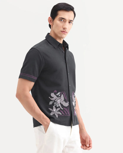 Rare Rabbit Men's Dran Black Cotton Blend Fabric Half Sleeve Spread Collar Regular Fit Embroidered Shirt | Rare Rabbit at Broadway