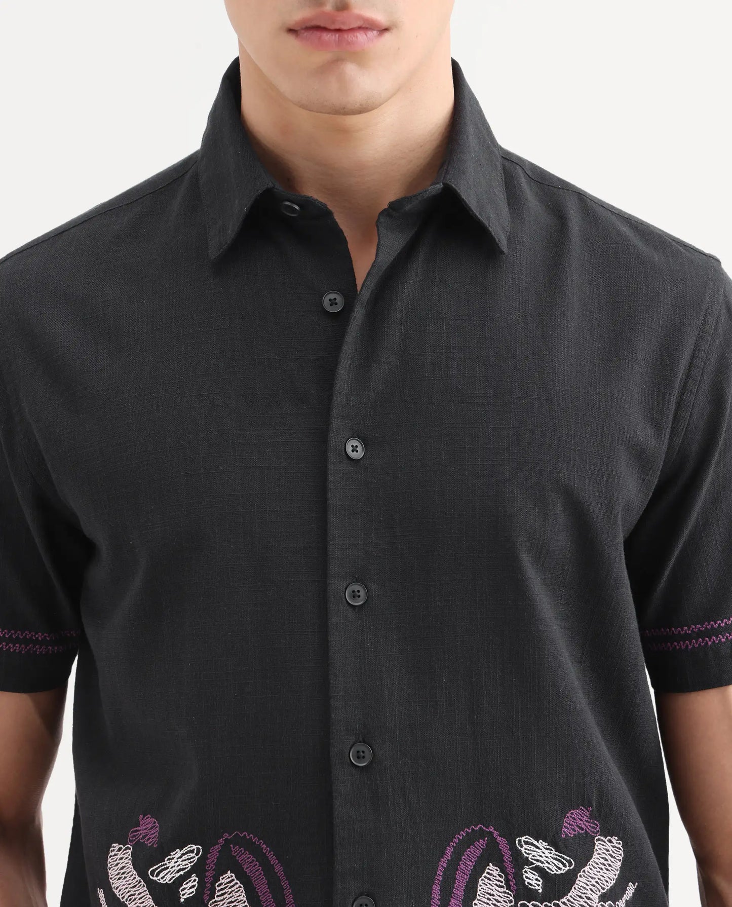 Rare Rabbit Men's Dran Black Cotton Blend Fabric Half Sleeve Spread Collar Regular Fit Embroidered Shirt | Rare Rabbit at Broadway