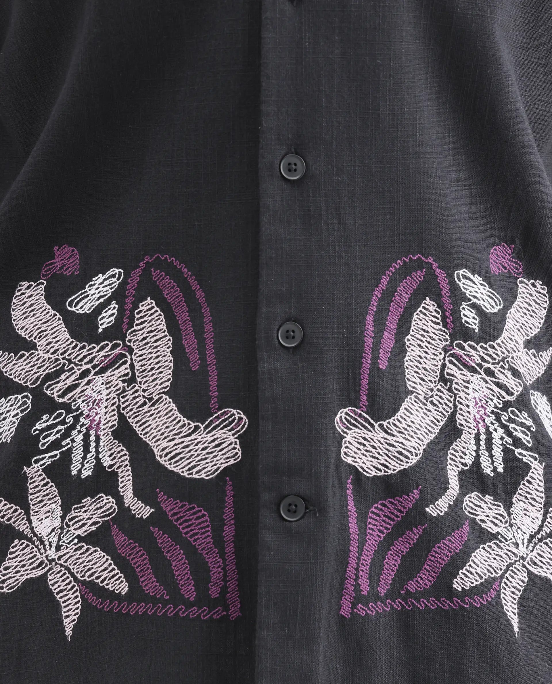 Rare Rabbit Men's Dran Black Cotton Blend Fabric Half Sleeve Spread Collar Regular Fit Embroidered Shirt | Rare Rabbit at Broadway