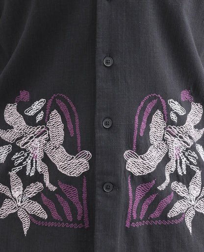 Rare Rabbit Men's Dran Black Cotton Blend Fabric Half Sleeve Spread Collar Regular Fit Embroidered Shirt | Rare Rabbit at Broadway