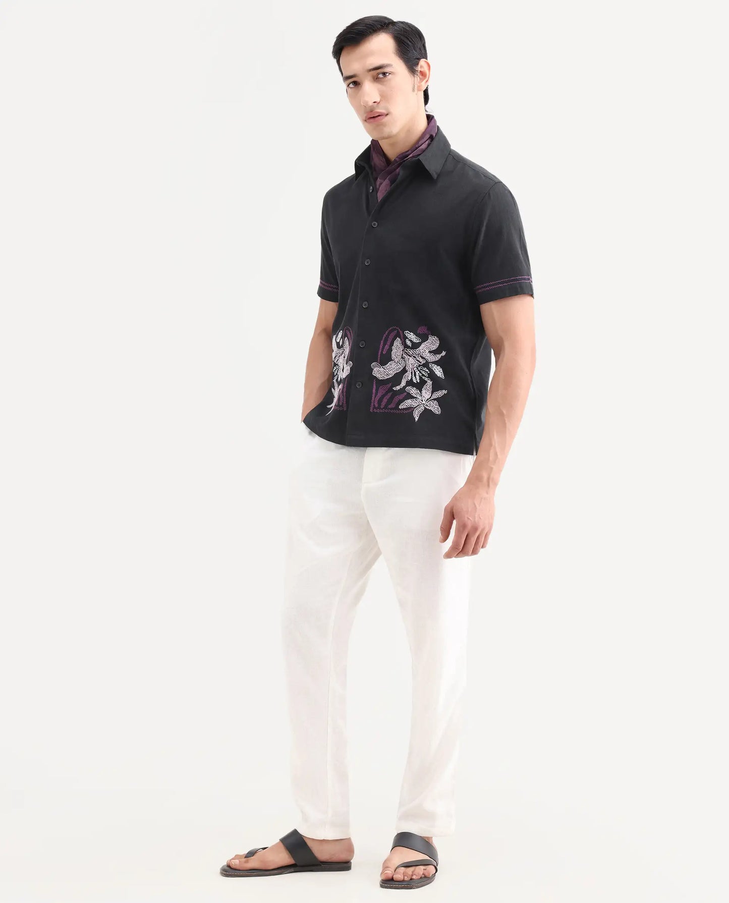 Rare Rabbit Men's Dran Black Cotton Blend Fabric Half Sleeve Spread Collar Regular Fit Embroidered Shirt | Rare Rabbit at Broadway