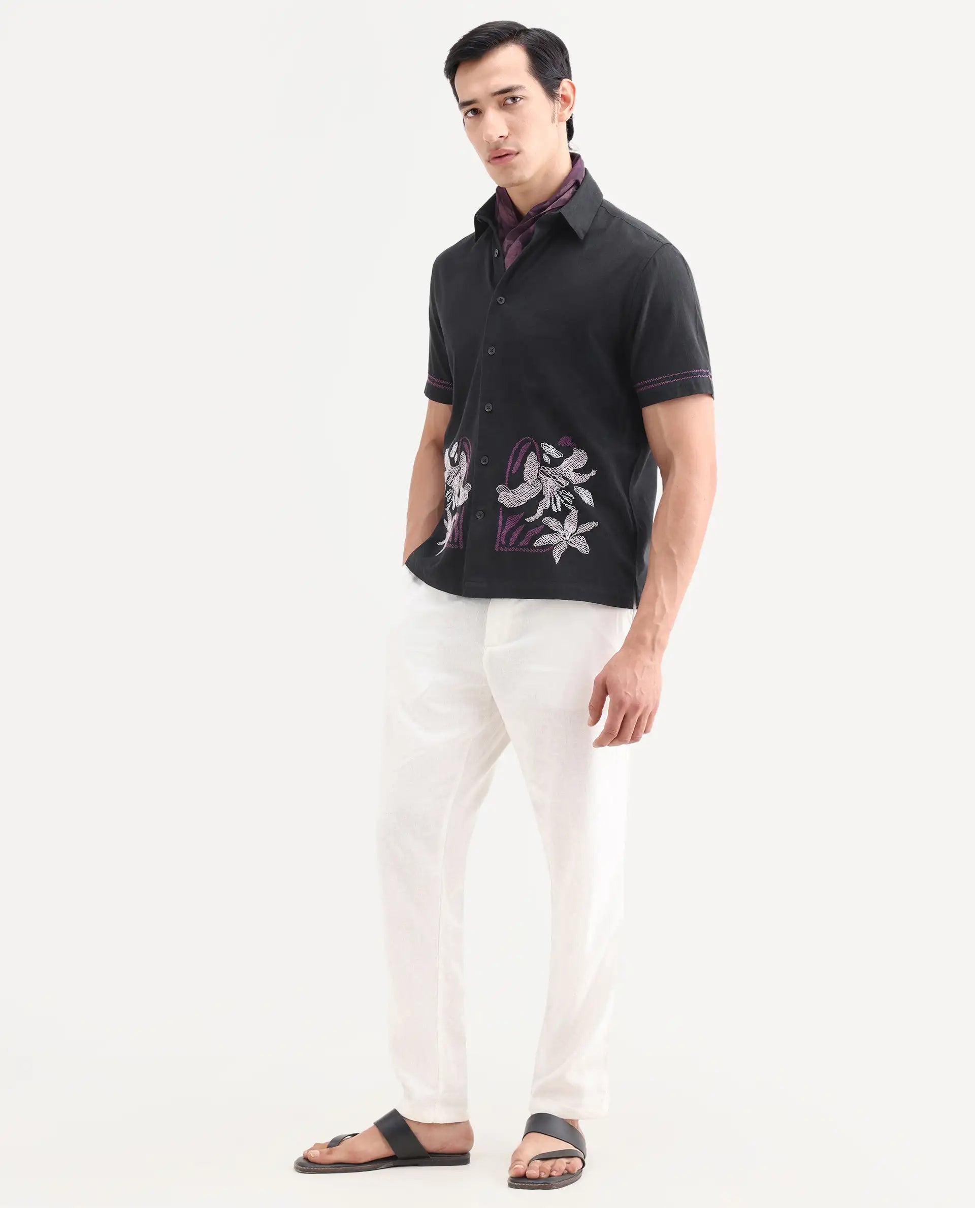 Rare Rabbit Men's Dran Black Cotton Blend Fabric Half Sleeve Spread Collar Regular Fit Embroidered Shirt | Rare Rabbit at Broadway
