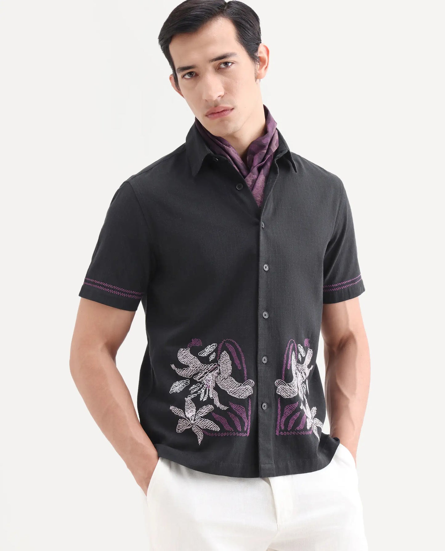 Rare Rabbit Men's Dran Black Cotton Blend Fabric Half Sleeve Spread Collar Regular Fit Embroidered Shirt | Rare Rabbit at Broadway