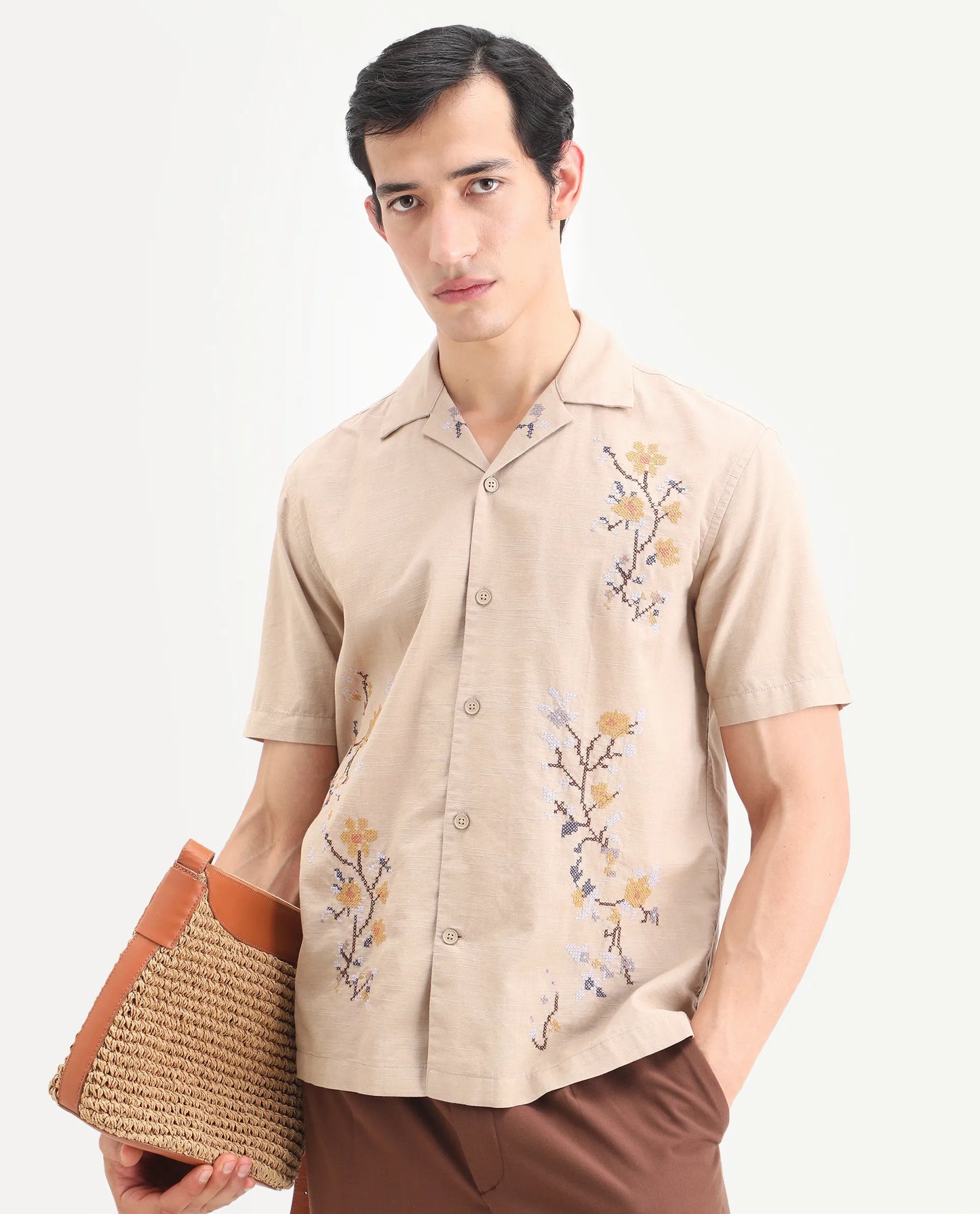 Rare Rabbit Men's Frot Dark Beige Cotton Fabric Half Sleeve Cuban Collar Relaxed Fit Embroidered Shirt | Rare Rabbit at Broadway