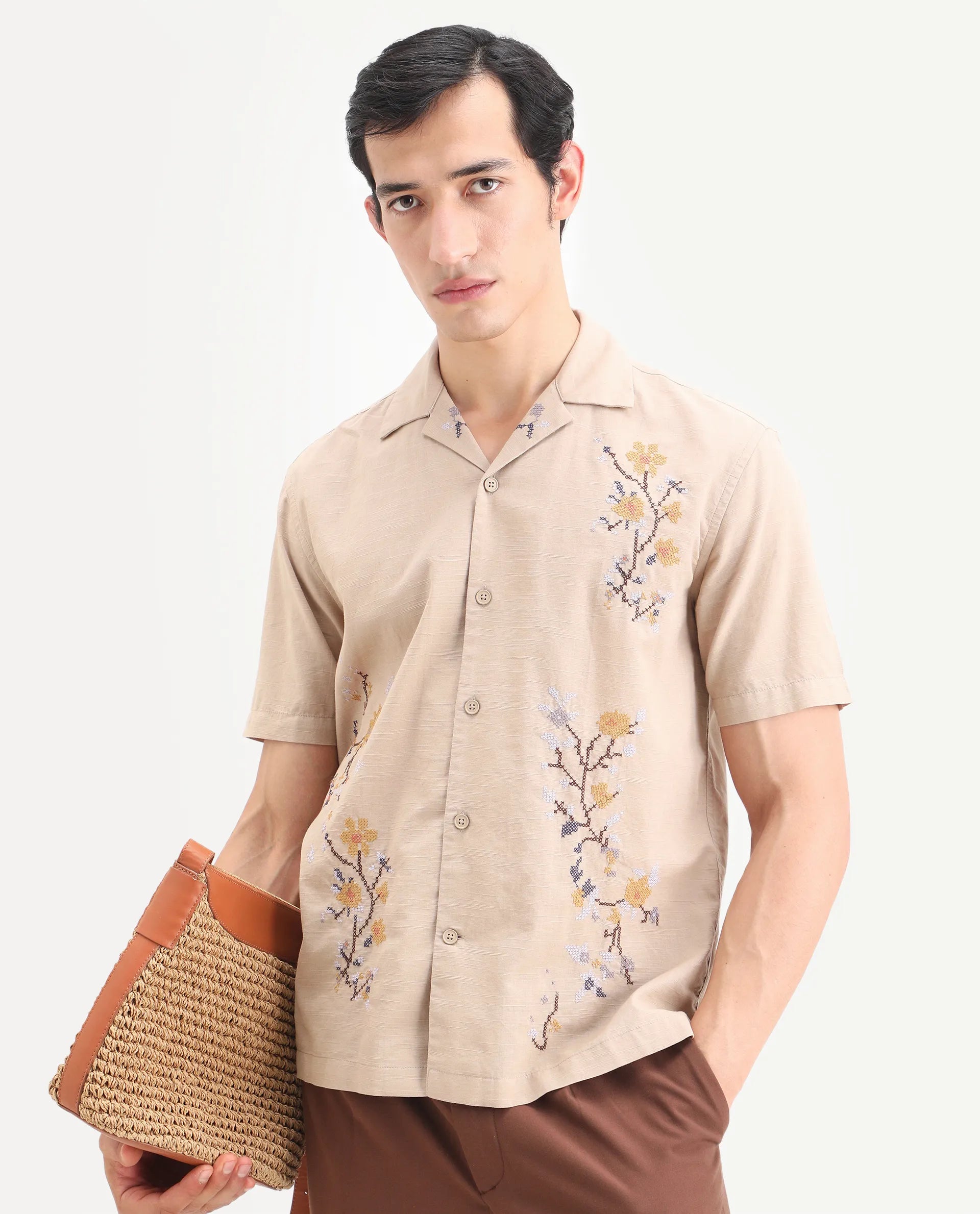 Rare Rabbit Men's Frot Dark Beige Cotton Fabric Half Sleeve Cuban Collar Relaxed Fit Embroidered Shirt | Rare Rabbit at Broadway