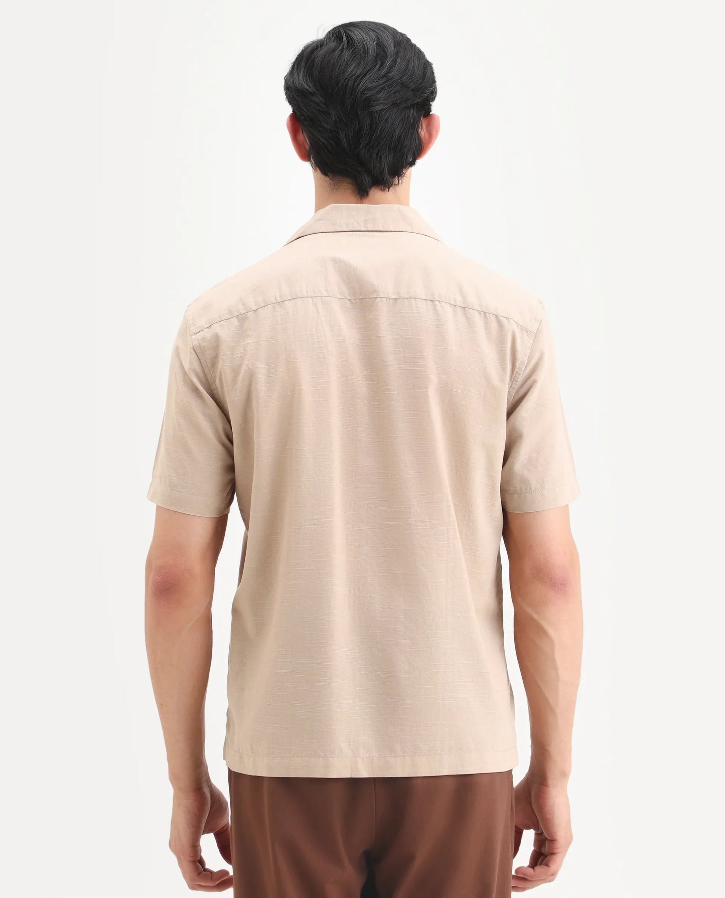 Rare Rabbit Men's Frot Dark Beige Cotton Fabric Half Sleeve Cuban Collar Relaxed Fit Embroidered Shirt | Rare Rabbit at Broadway