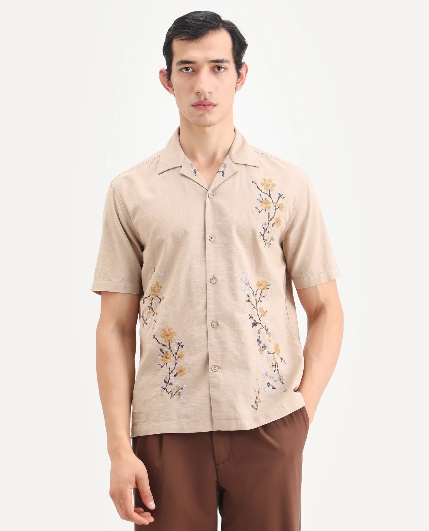 Rare Rabbit Men's Frot Dark Beige Cotton Fabric Half Sleeve Cuban Collar Relaxed Fit Embroidered Shirt | Rare Rabbit at Broadway