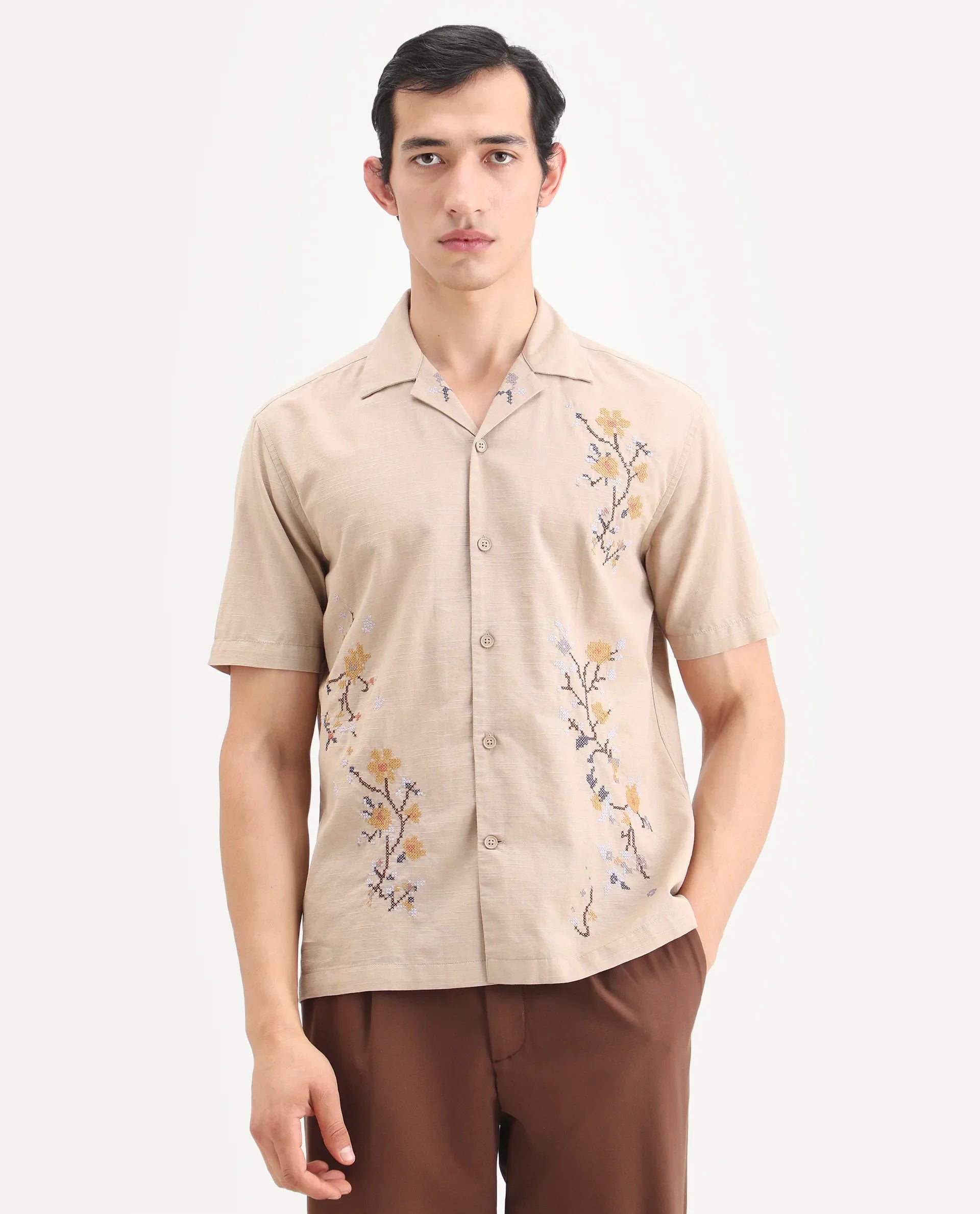 Rare Rabbit Men's Frot Dark Beige Cotton Fabric Half Sleeve Cuban Collar Relaxed Fit Embroidered Shirt | Rare Rabbit at Broadway