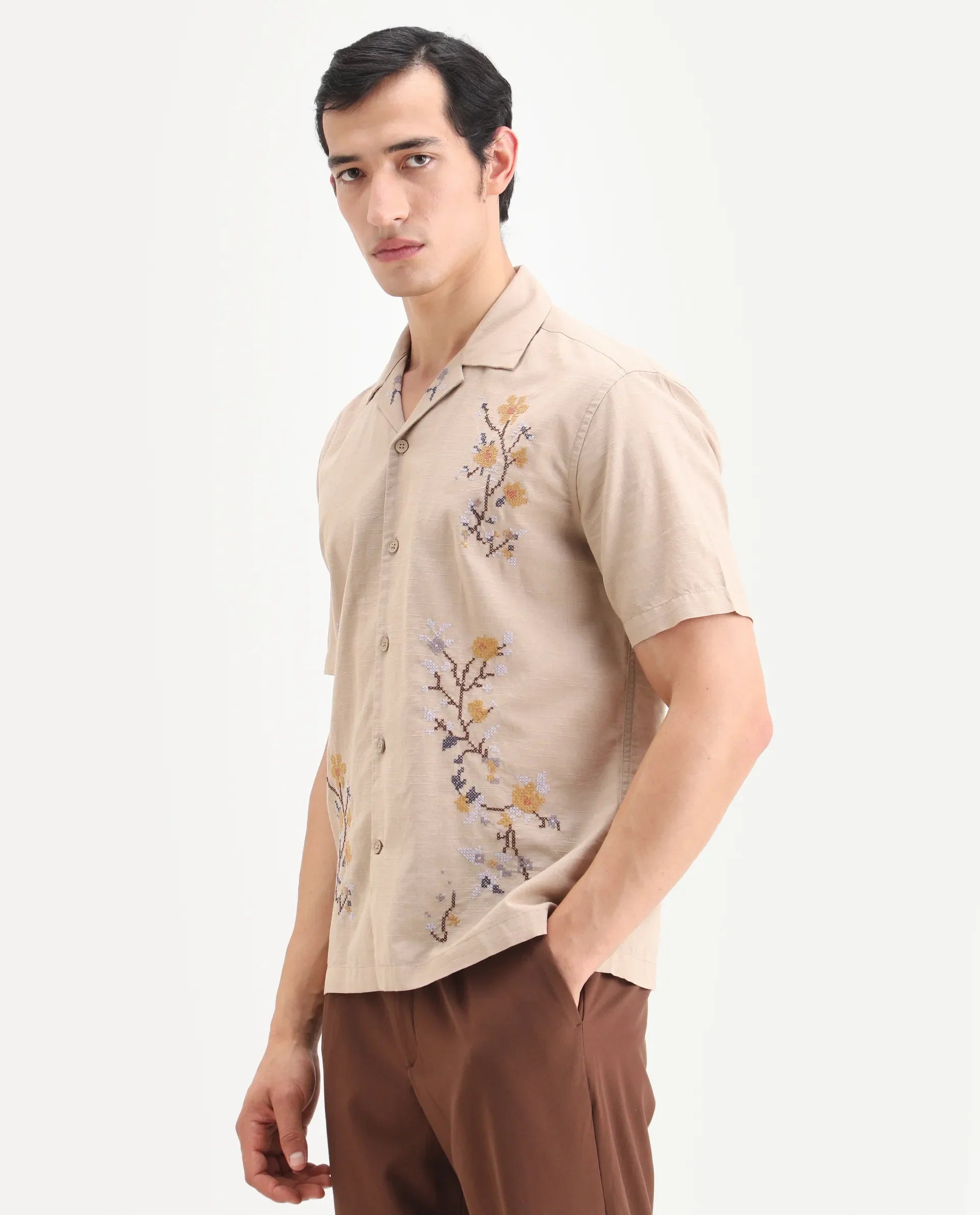 Rare Rabbit Men's Frot Dark Beige Cotton Fabric Half Sleeve Cuban Collar Relaxed Fit Embroidered Shirt | Rare Rabbit at Broadway