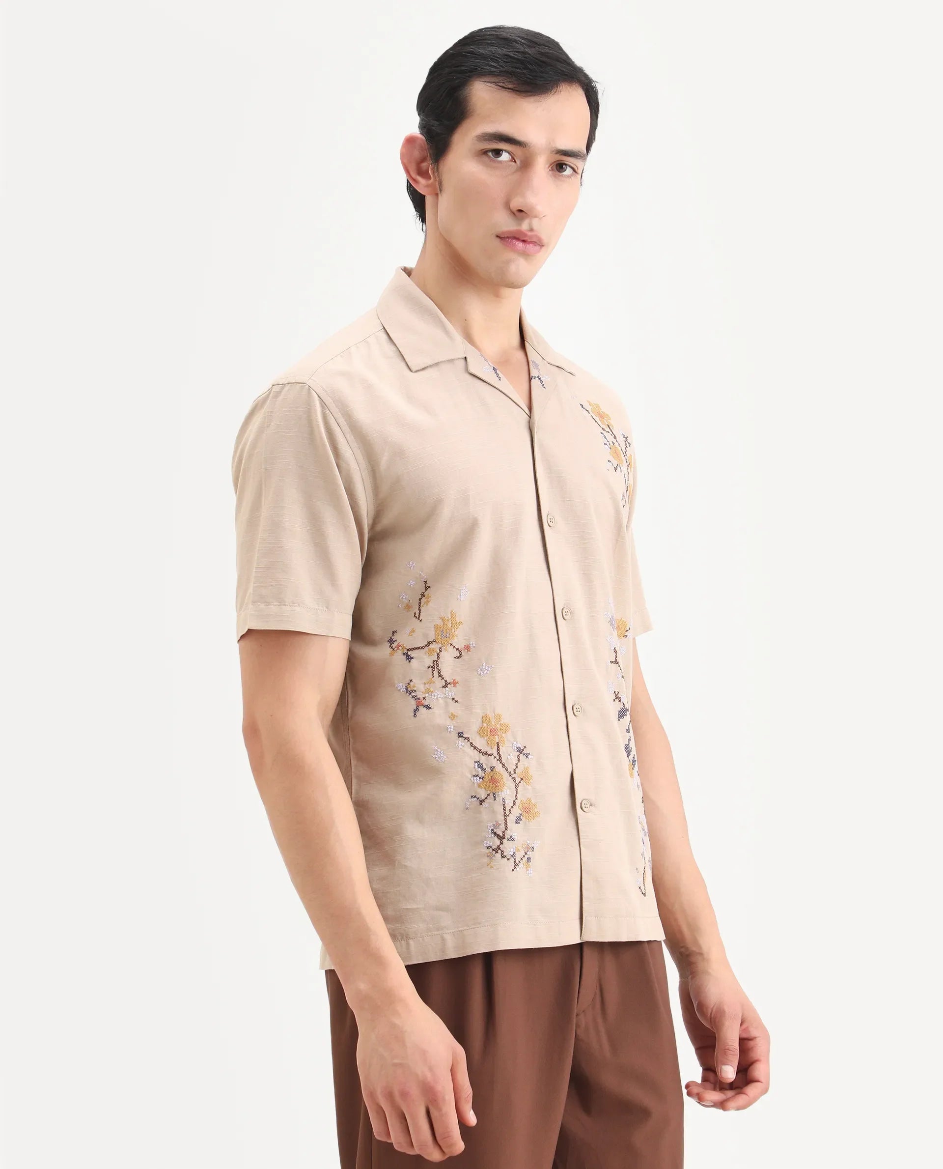 Rare Rabbit Men's Frot Dark Beige Cotton Fabric Half Sleeve Cuban Collar Relaxed Fit Embroidered Shirt | Rare Rabbit at Broadway
