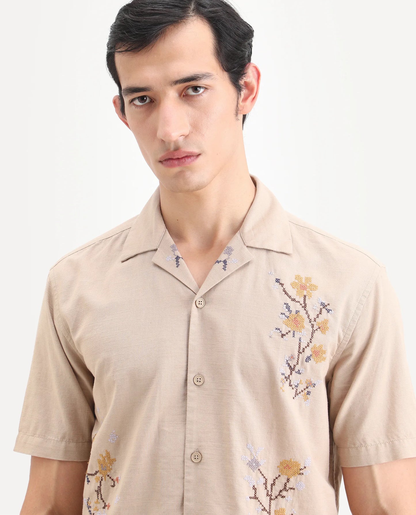 Rare Rabbit Men's Frot Dark Beige Cotton Fabric Half Sleeve Cuban Collar Relaxed Fit Embroidered Shirt | Rare Rabbit at Broadway
