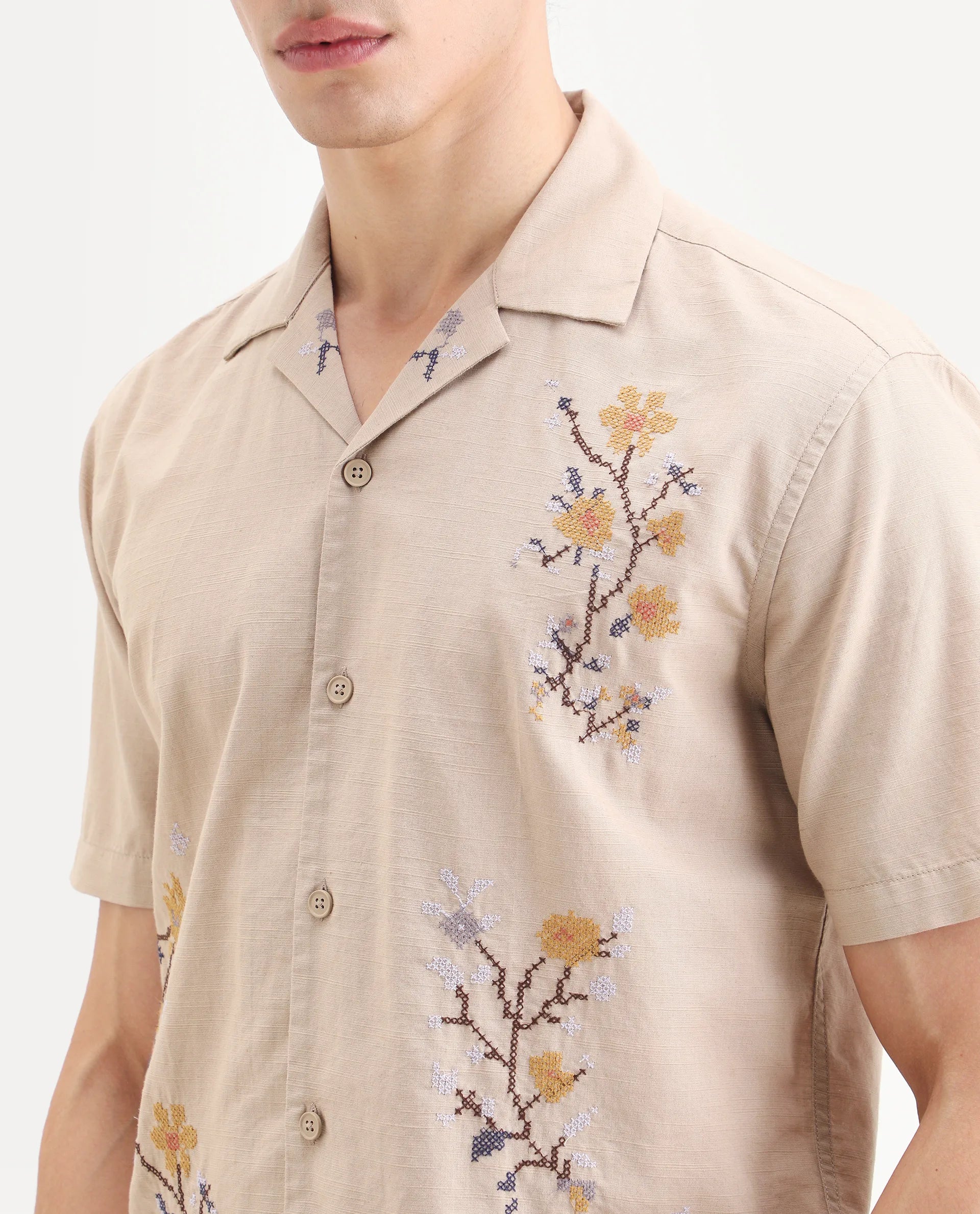 Rare Rabbit Men's Frot Dark Beige Cotton Fabric Half Sleeve Cuban Collar Relaxed Fit Embroidered Shirt | Rare Rabbit at Broadway