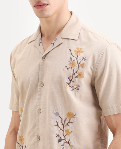 Rare Rabbit Men's Frot Dark Beige Cotton Fabric Half Sleeve Cuban Collar Relaxed Fit Embroidered Shirt | Rare Rabbit at Broadway