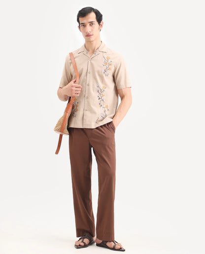 Rare Rabbit Men's Frot Dark Beige Cotton Fabric Half Sleeve Cuban Collar Relaxed Fit Embroidered Shirt | Rare Rabbit at Broadway