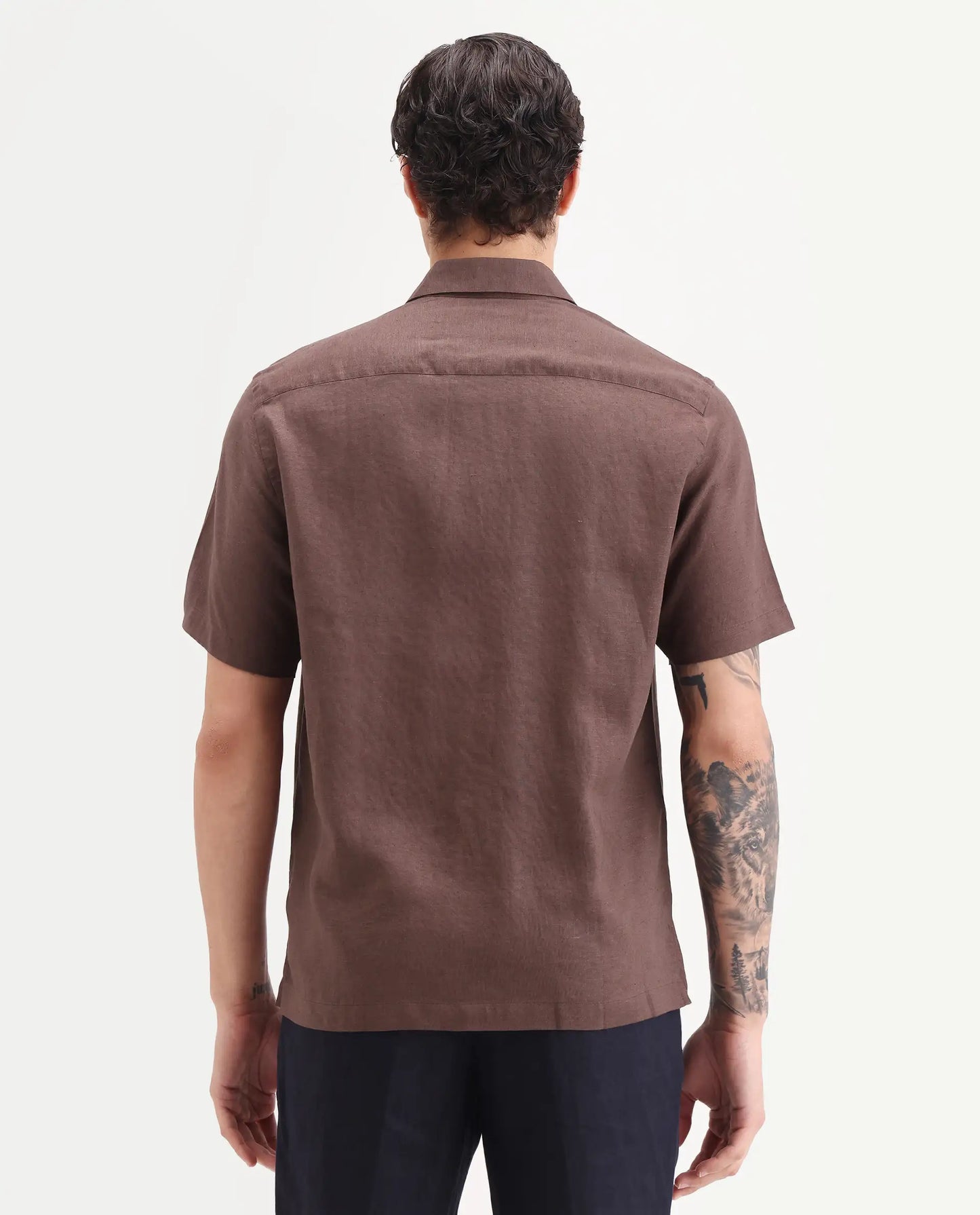 Rare Rabbit Men's Cine Ss Brown Linen Blend Fabric Half Sleeve Spread Collar Regular Fit Plain Shirt | Rare Rabbit at Broadway