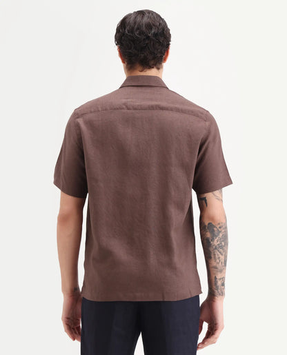Rare Rabbit Men's Cine Ss Brown Linen Blend Fabric Half Sleeve Spread Collar Regular Fit Plain Shirt | Rare Rabbit at Broadway