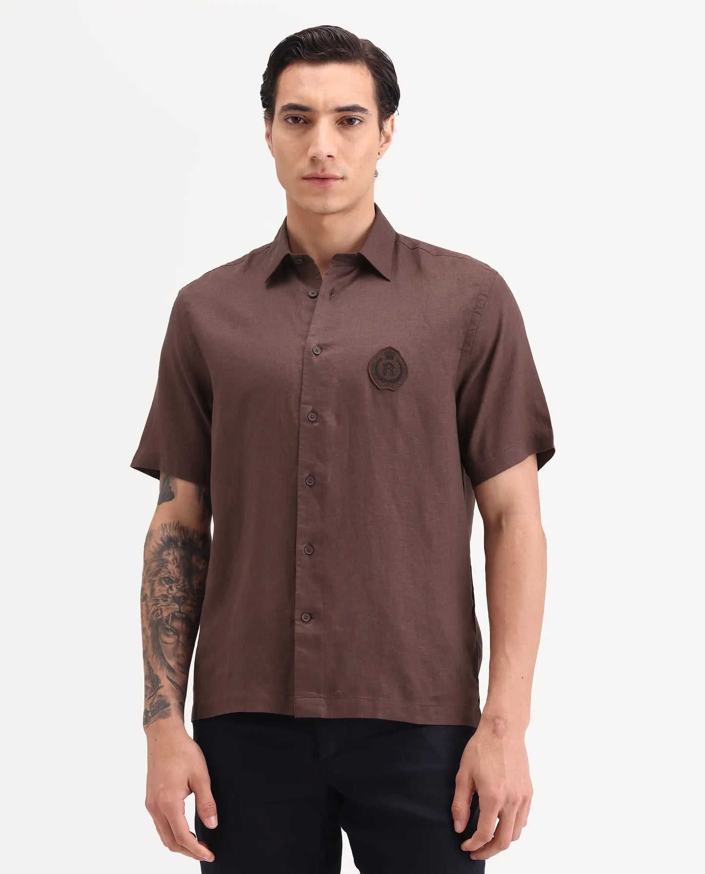 Rare Rabbit Men's Cine Ss Brown Linen Blend Fabric Half Sleeve Spread Collar Regular Fit Plain Shirt | Rare Rabbit at Broadway