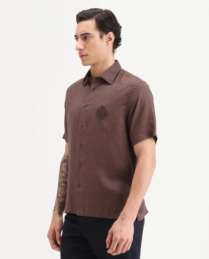 Rare Rabbit Men's Cine Ss Brown Linen Blend Fabric Half Sleeve Spread Collar Regular Fit Plain Shirt | Rare Rabbit at Broadway
