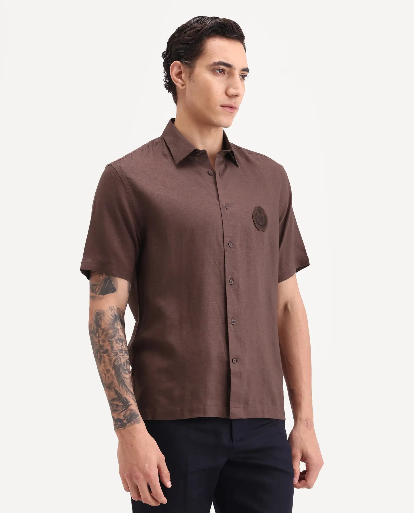 Rare Rabbit Men's Cine Ss Brown Linen Blend Fabric Half Sleeve Spread Collar Regular Fit Plain Shirt | Rare Rabbit at Broadway