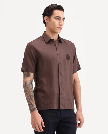 Rare Rabbit Men's Cine Ss Brown Linen Blend Fabric Half Sleeve Spread Collar Regular Fit Plain Shirt | Rare Rabbit at Broadway