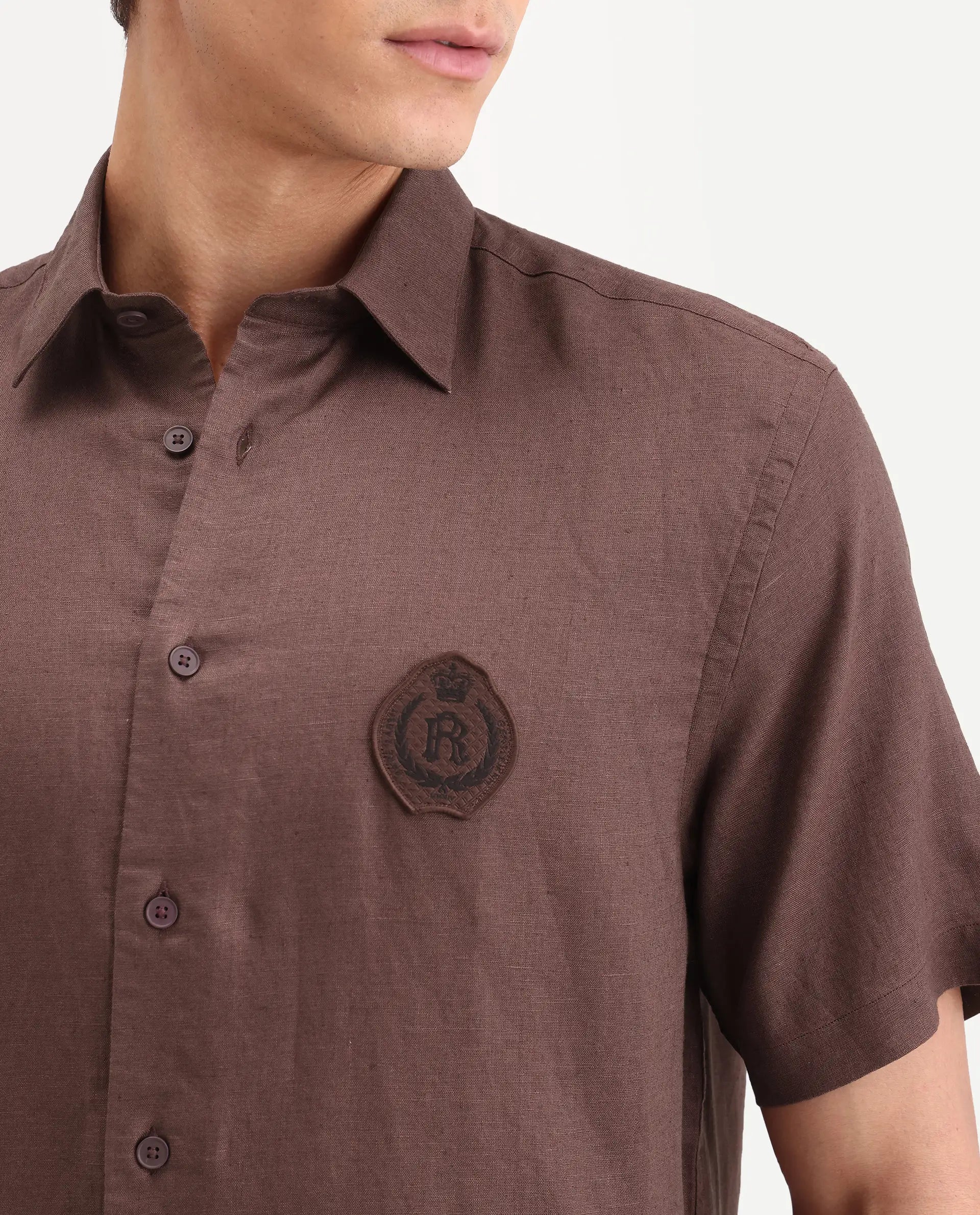 Rare Rabbit Men's Cine Ss Brown Linen Blend Fabric Half Sleeve Spread Collar Regular Fit Plain Shirt | Rare Rabbit at Broadway