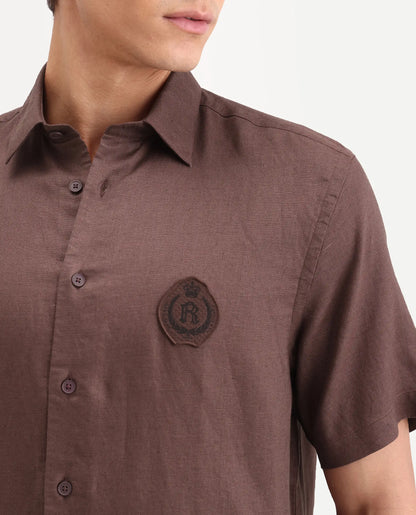 Rare Rabbit Men's Cine Ss Brown Linen Blend Fabric Half Sleeve Spread Collar Regular Fit Plain Shirt | Rare Rabbit at Broadway