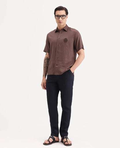 Rare Rabbit Men's Cine Ss Brown Linen Blend Fabric Half Sleeve Spread Collar Regular Fit Plain Shirt | Rare Rabbit at Broadway