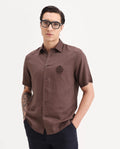 Rare Rabbit Men's Cine Ss Brown Linen Blend Fabric Half Sleeve Spread Collar Regular Fit Plain Shirt | Rare Rabbit at Broadway