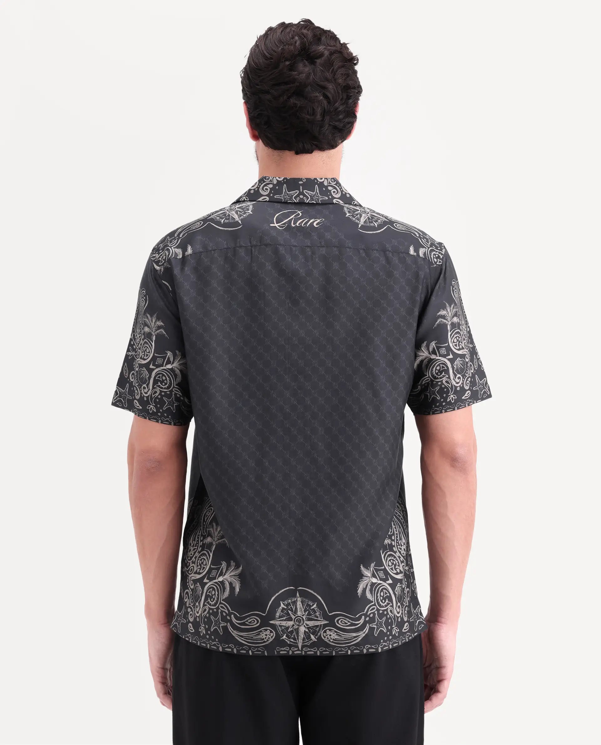 Rare Rabbit Men's Boso Black Cotton Blend Fabric Half Sleeve Cuban Collar Regular Fit Monogram Print Shirt | Rare Rabbit at Broadway
