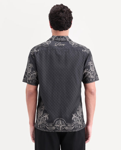 Rare Rabbit Men's Boso Black Cotton Blend Fabric Half Sleeve Cuban Collar Regular Fit Monogram Print Shirt | Rare Rabbit at Broadway