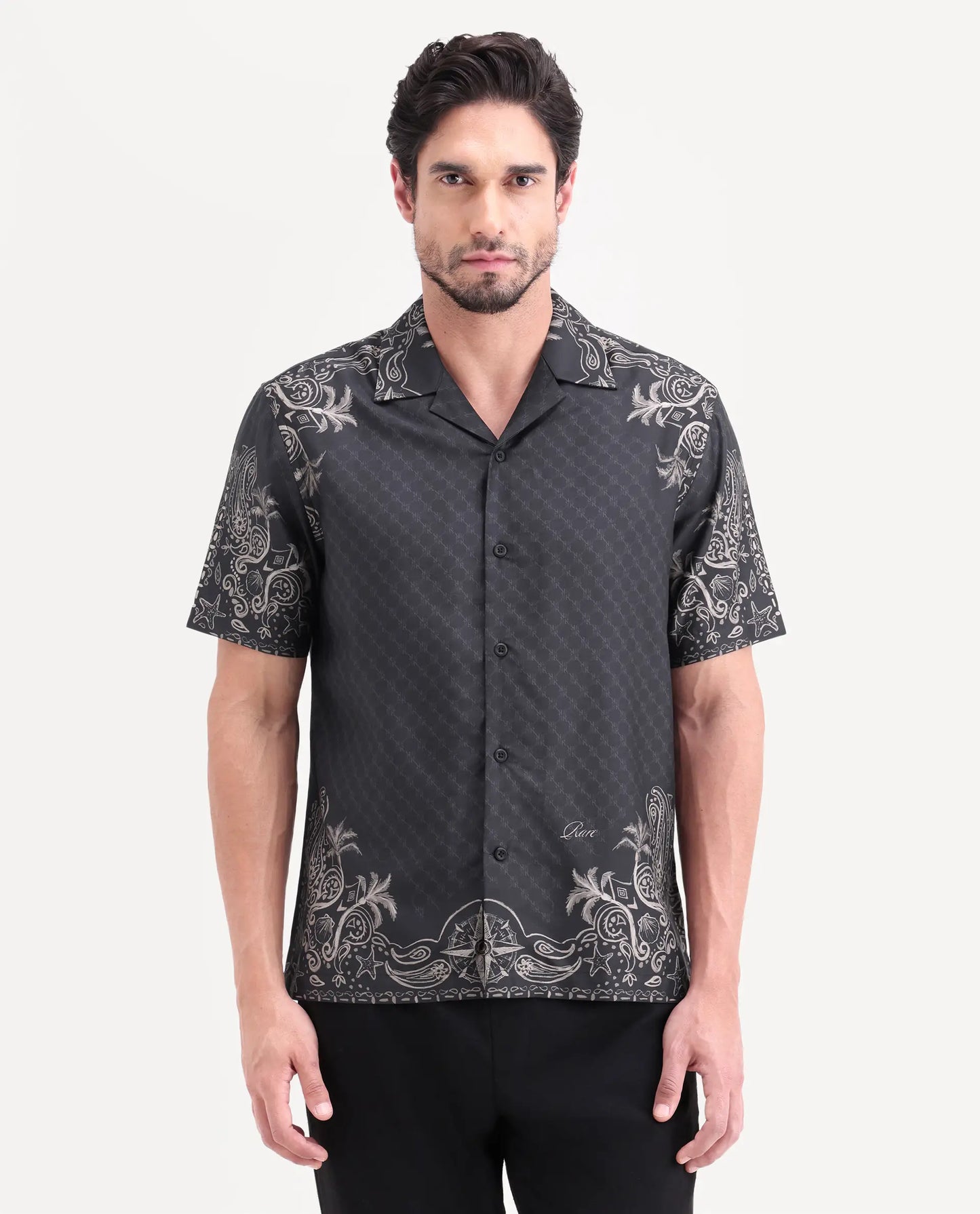 Rare Rabbit Men's Boso Black Cotton Blend Fabric Half Sleeve Cuban Collar Regular Fit Monogram Print Shirt | Rare Rabbit at Broadway