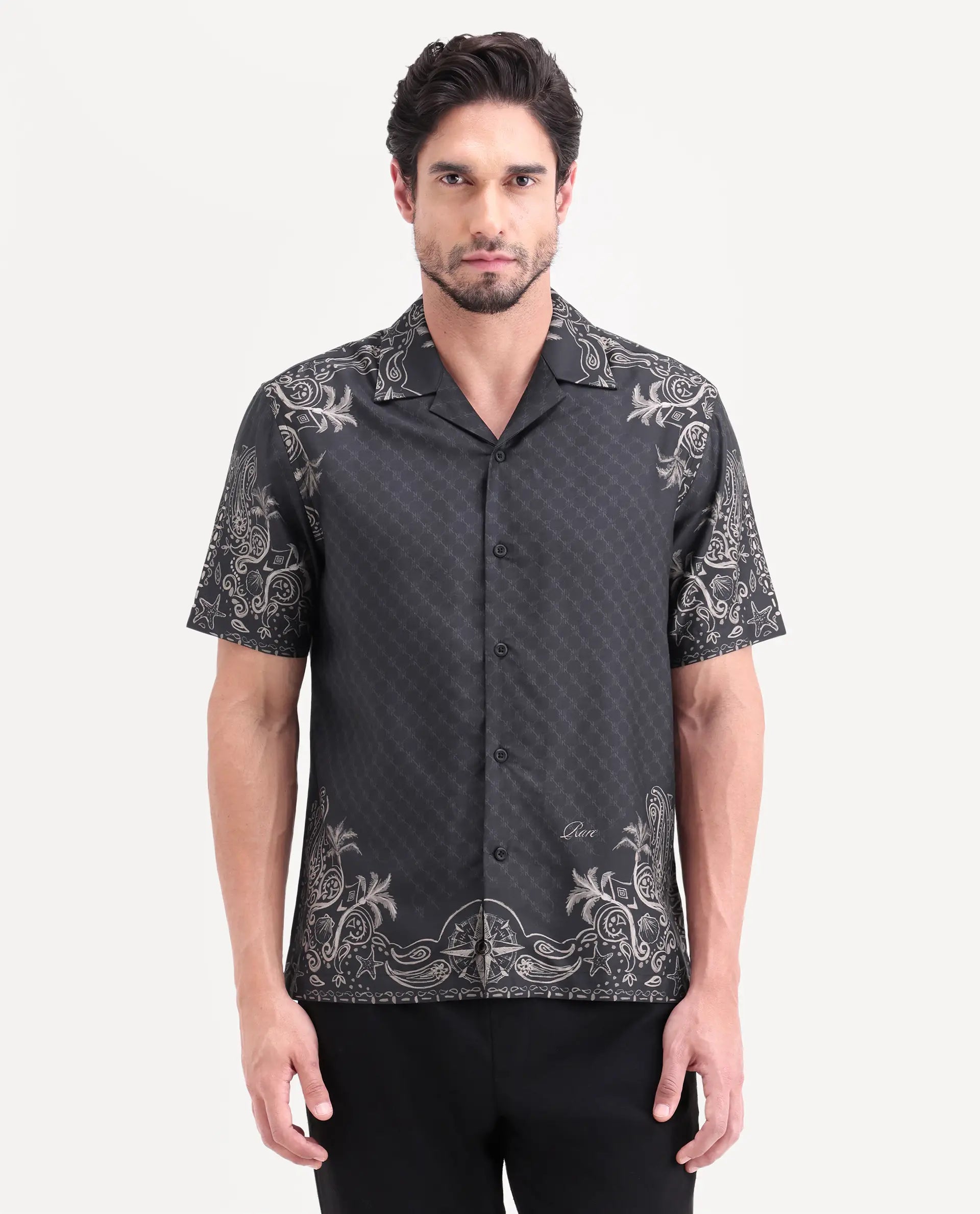 Rare Rabbit Men's Boso Black Cotton Blend Fabric Half Sleeve Cuban Collar Regular Fit Monogram Print Shirt | Rare Rabbit at Broadway