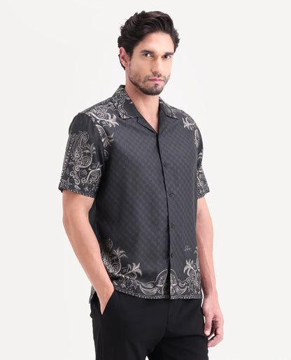 Rare Rabbit Men's Boso Black Cotton Blend Fabric Half Sleeve Cuban Collar Regular Fit Monogram Print Shirt | Rare Rabbit at Broadway