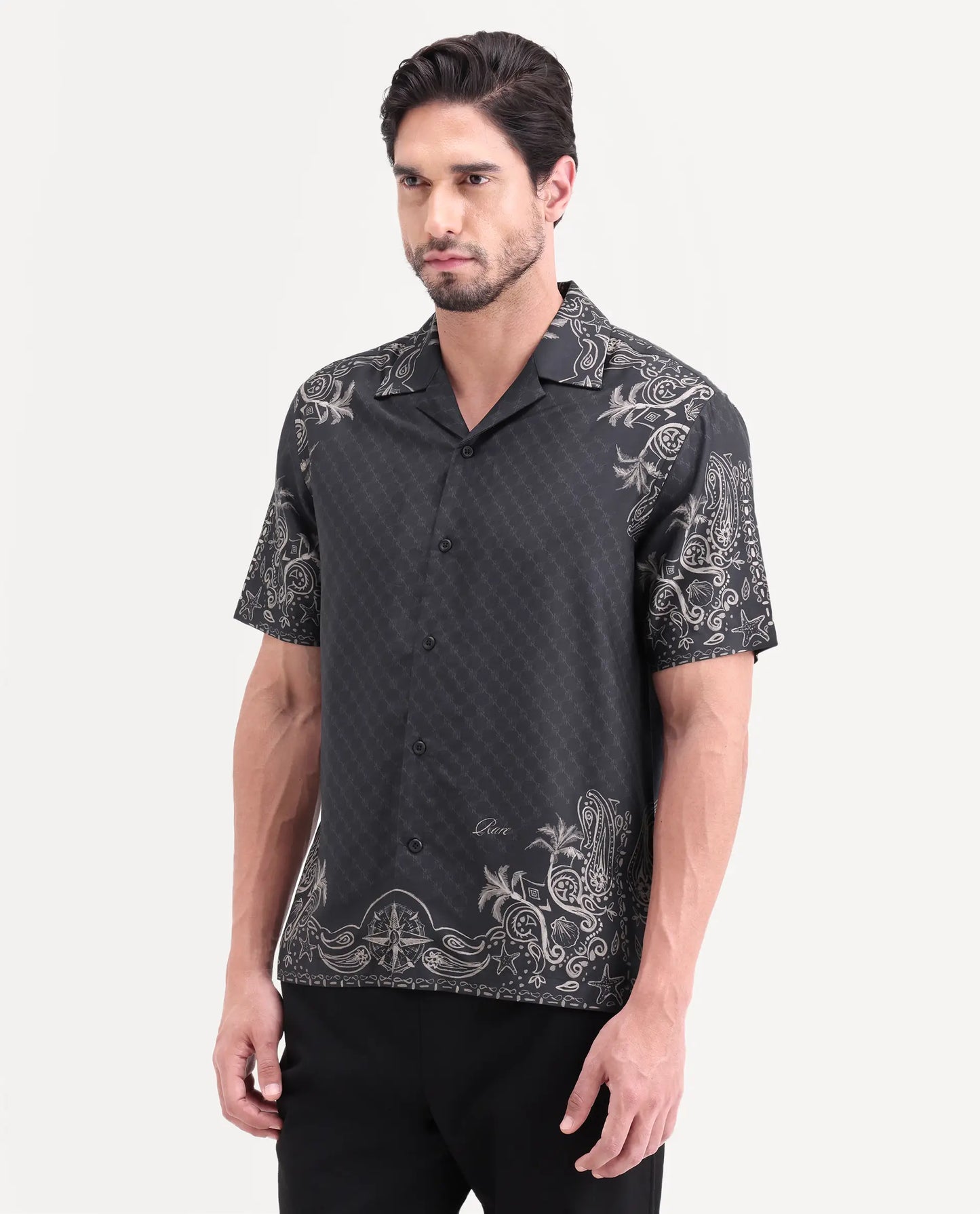 Rare Rabbit Men's Boso Black Cotton Blend Fabric Half Sleeve Cuban Collar Regular Fit Monogram Print Shirt | Rare Rabbit at Broadway