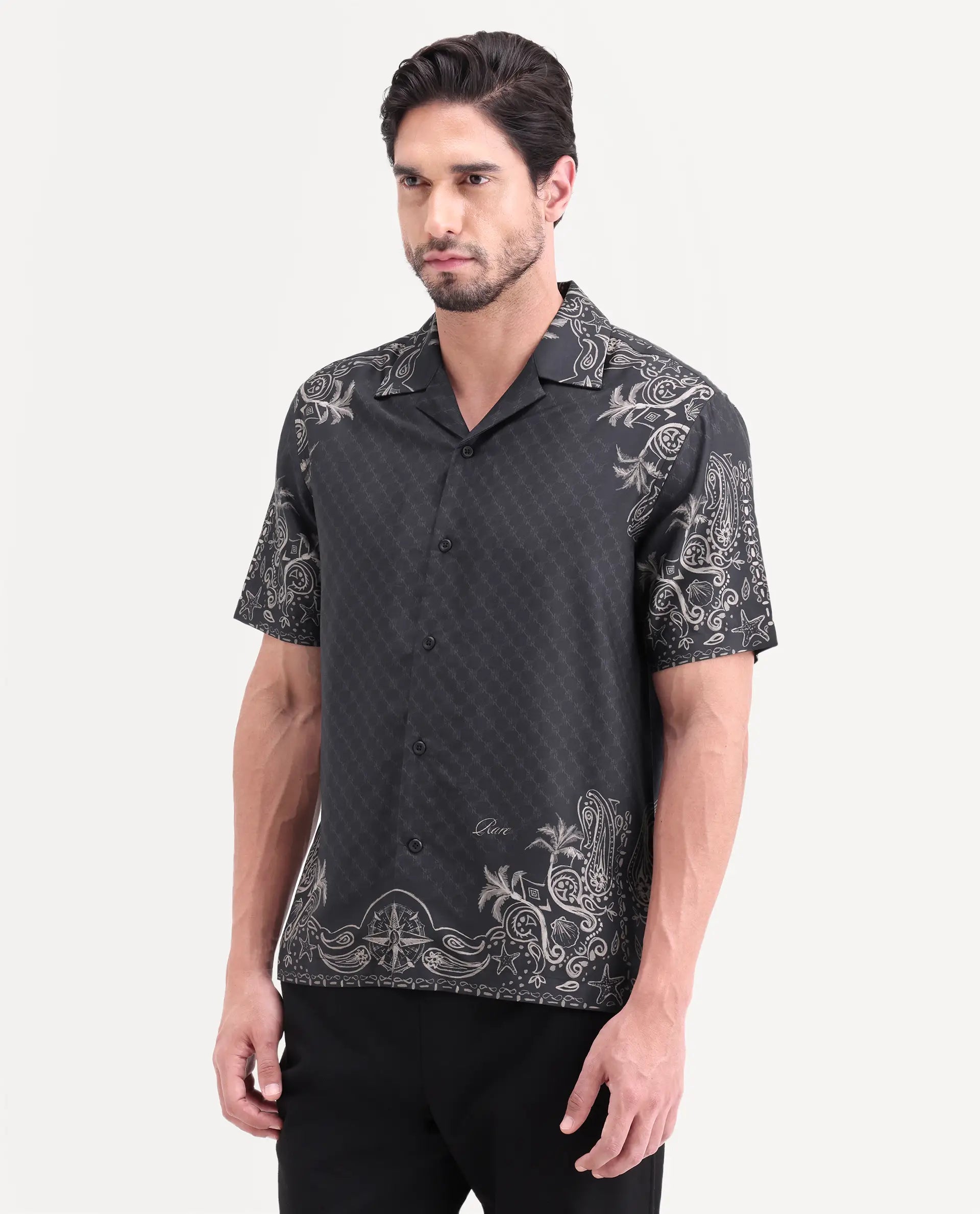 Rare Rabbit Men's Boso Black Cotton Blend Fabric Half Sleeve Cuban Collar Regular Fit Monogram Print Shirt | Rare Rabbit at Broadway