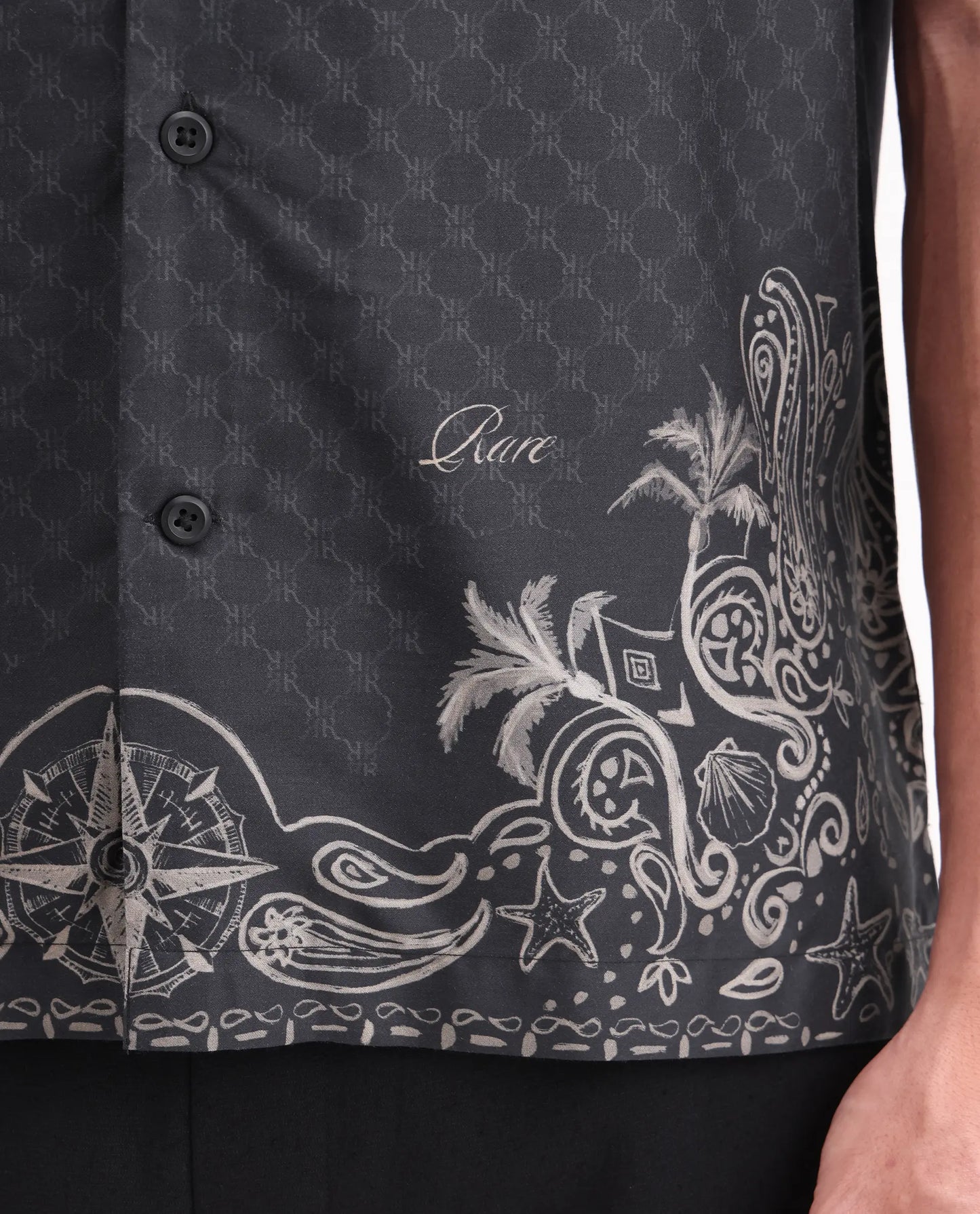 Rare Rabbit Men's Boso Black Cotton Blend Fabric Half Sleeve Cuban Collar Regular Fit Monogram Print Shirt | Rare Rabbit at Broadway